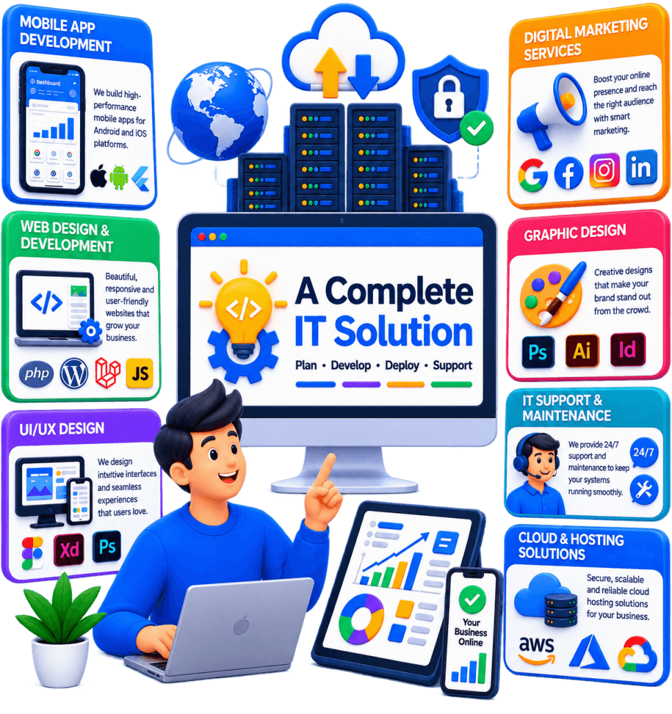 Illustration of an integrated IT services and digital marketing team delivering technology solutions