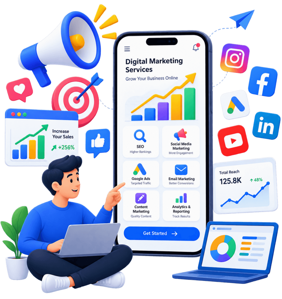 Illustration of digital marketing and SEO analytics driving website traffic and business growth