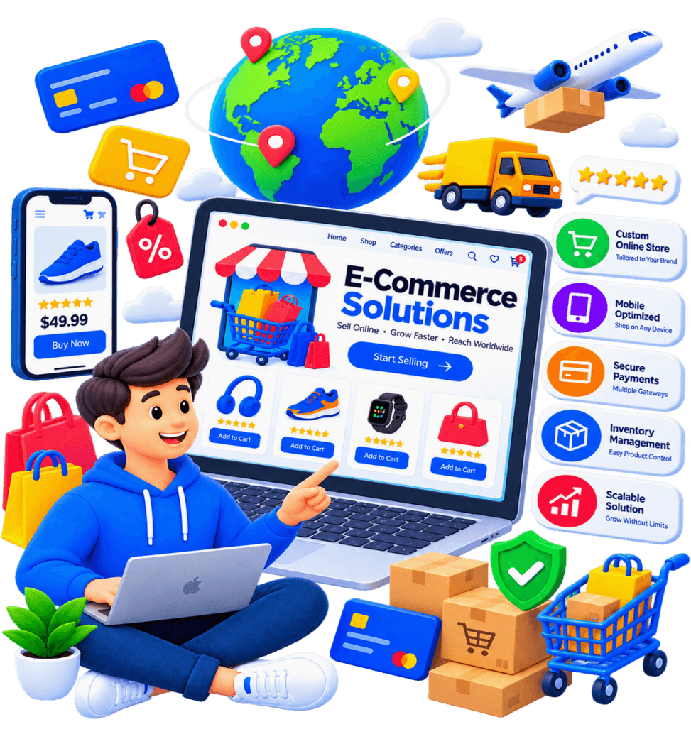 Illustration of an e-commerce platform with online product browsing and secure checkout