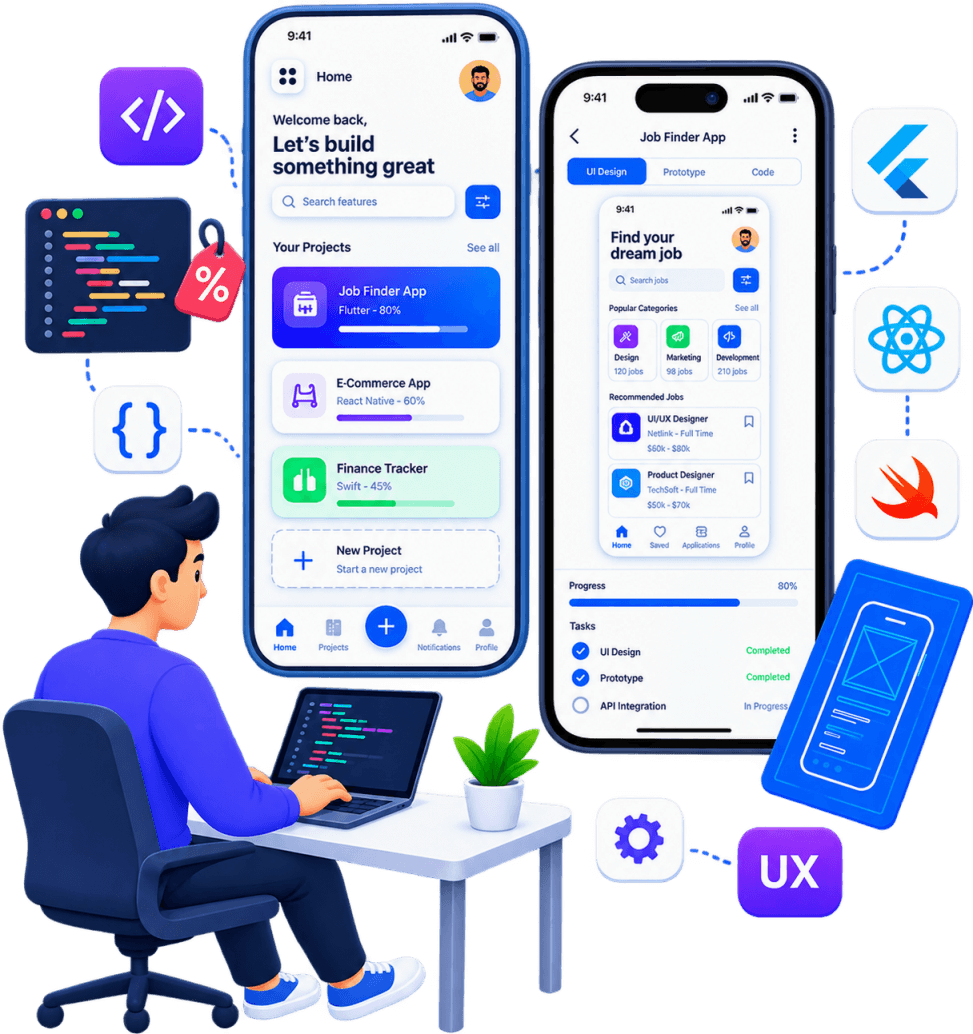 Illustration of a mobile application being developed for Android, iOS, and Windows devices