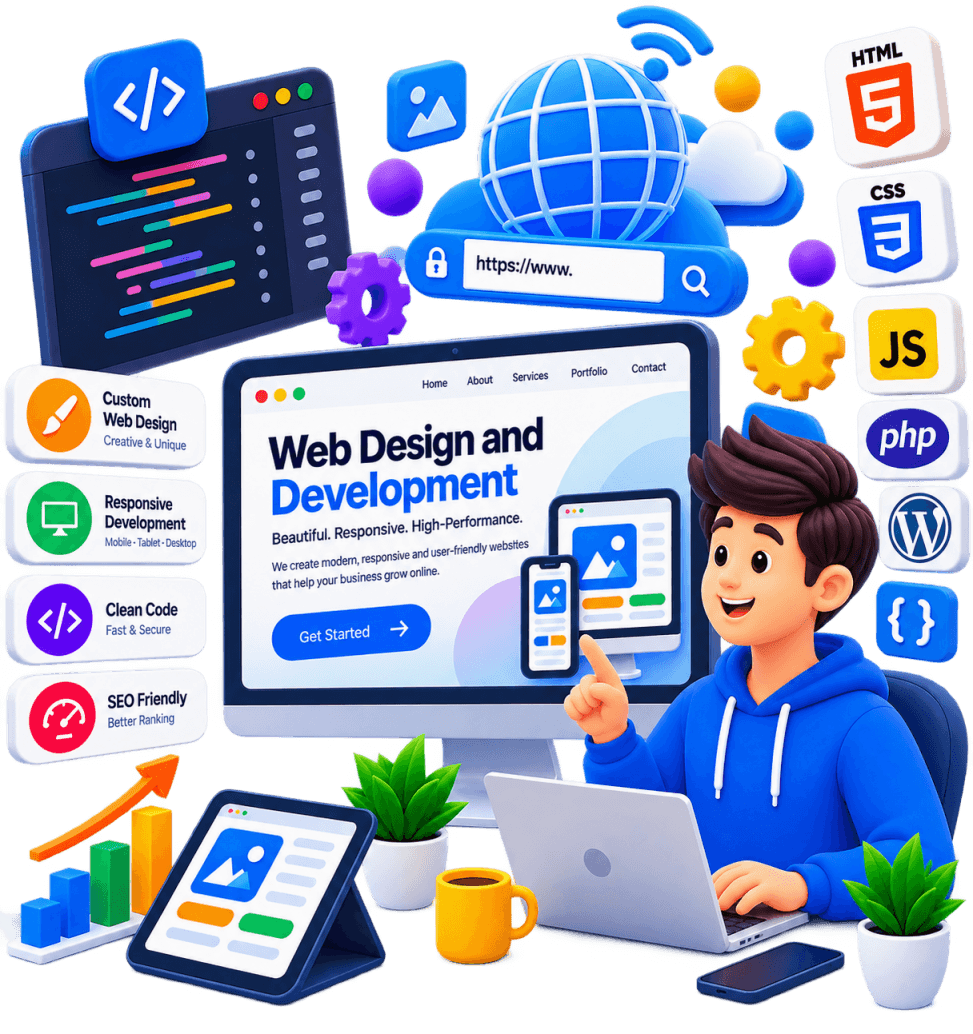 Illustration of a responsive website design displayed across desktop and mobile screens